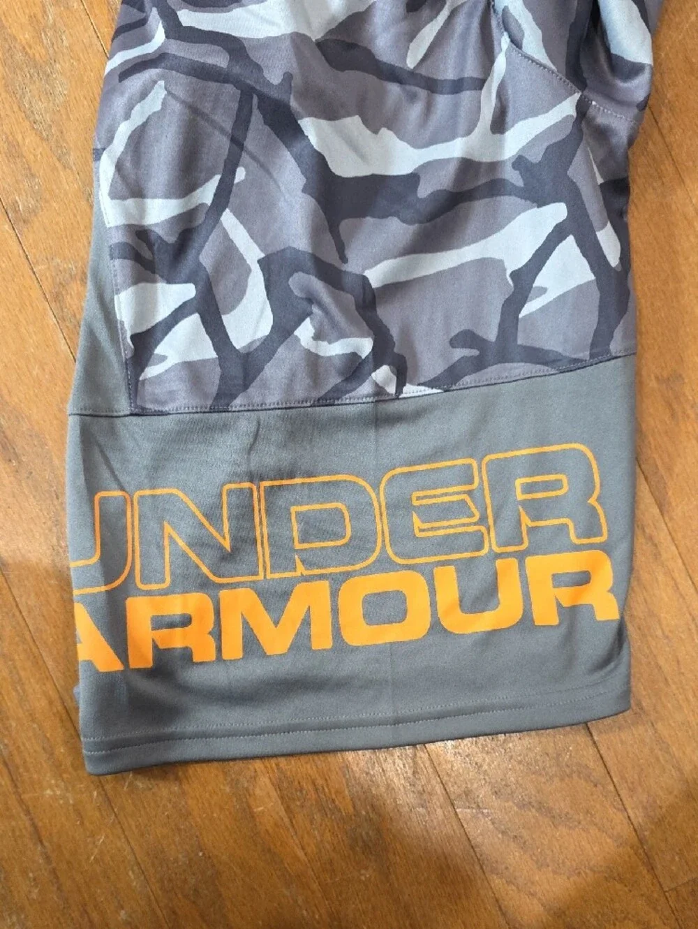 Under‎ Armour Gray Camo Athletic Shorts with Orange Logo
